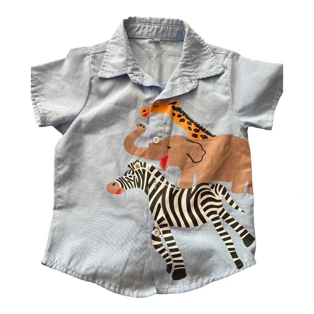 Boys Animal Graphic Shirt and 3T HM Navy Shorts 2 Piece‎ Set Blue Safari Zoo
